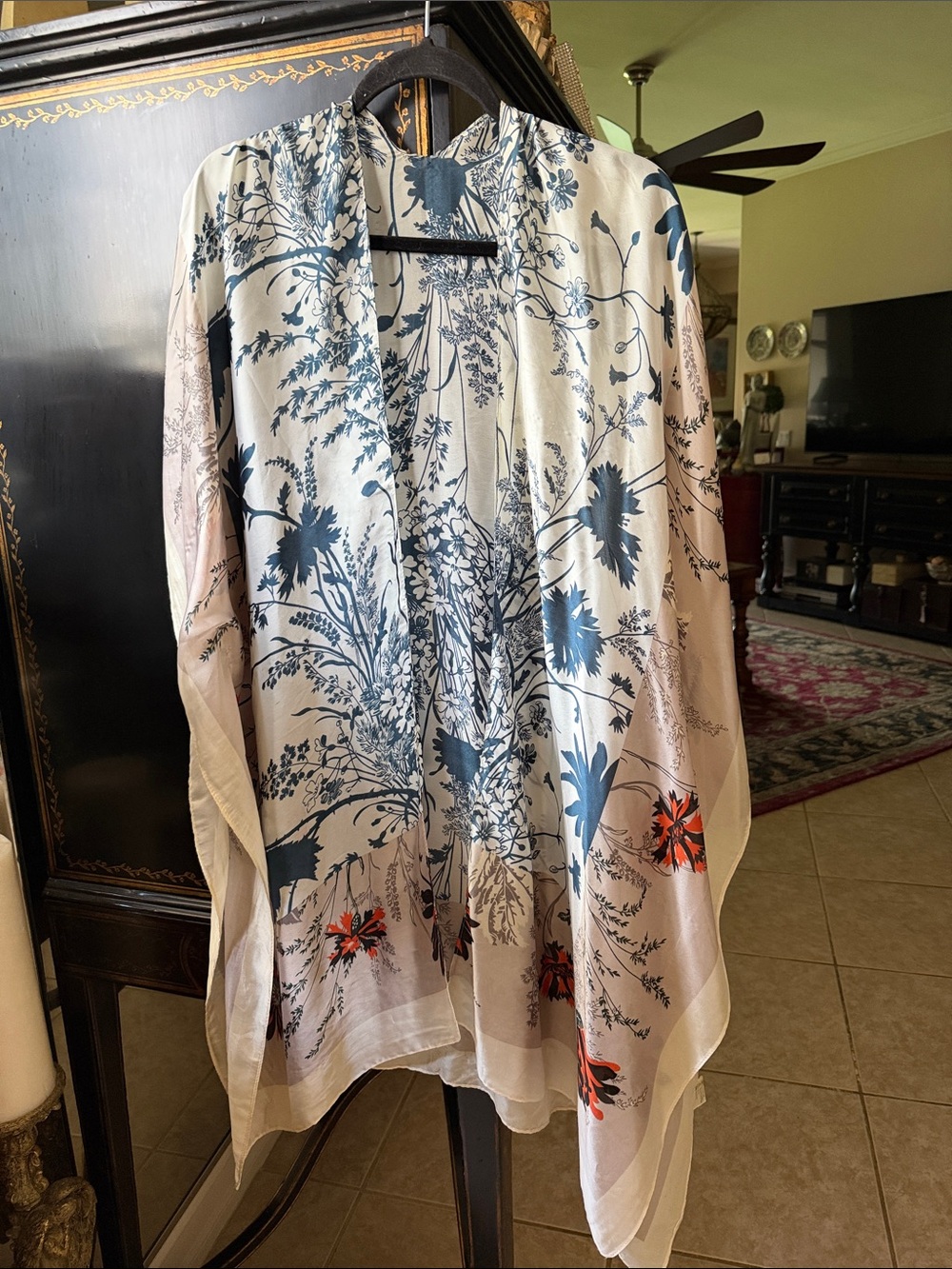 Sheer Kimono Cover-Up in Cream, Navy & Orange exquisite washable lightweight - Picture 17 of 17